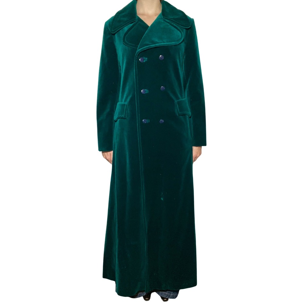 VTG 60s NWT Surrey Classics Dark Green Velvet Maxi Trench Coat Double Breasted M